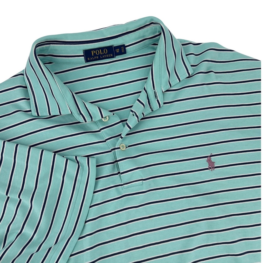 Polo Ralph Lauren Mens 2XB Big Mint Green Striped Short Sleeve Jersey Polo Shirt